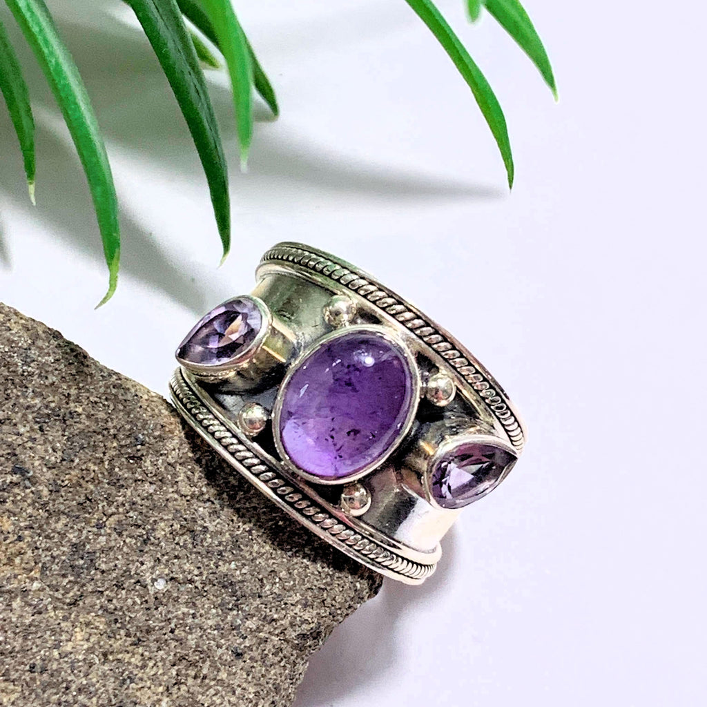 Gorgeous Faceted & Smooth Stone Amethyst Sterling Silver Ring (Size 8) - Earth Family Crystals