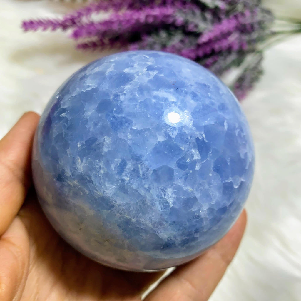 Reserved For Sandy Gorgeous Large Chunky Blue Calcite Sphere Carving~ Locality: Madagascar (Includes Wood Stand) #1 - Earth Family Crystals