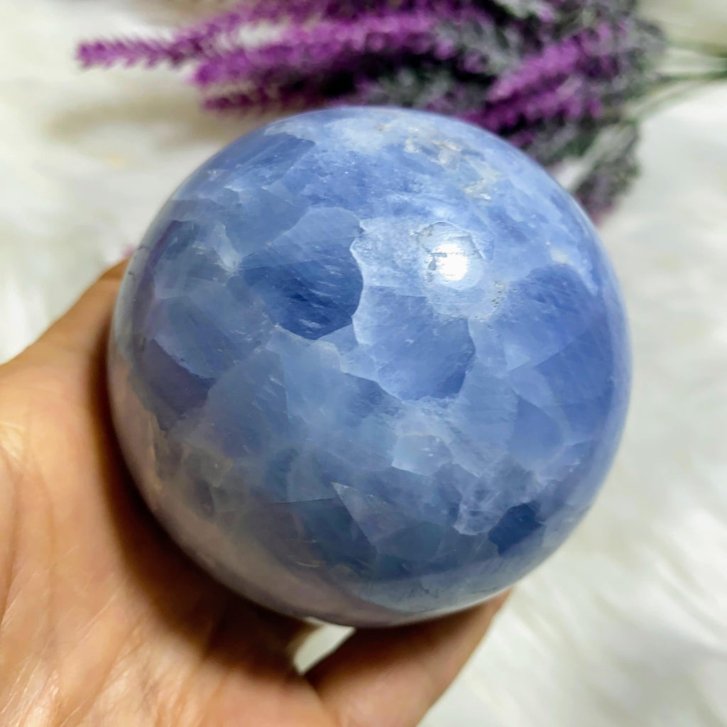Reserved For Sandy Gorgeous Large Chunky Blue Calcite Sphere Carving~ Locality: Madagascar (Includes Wood Stand) #1 - Earth Family Crystals
