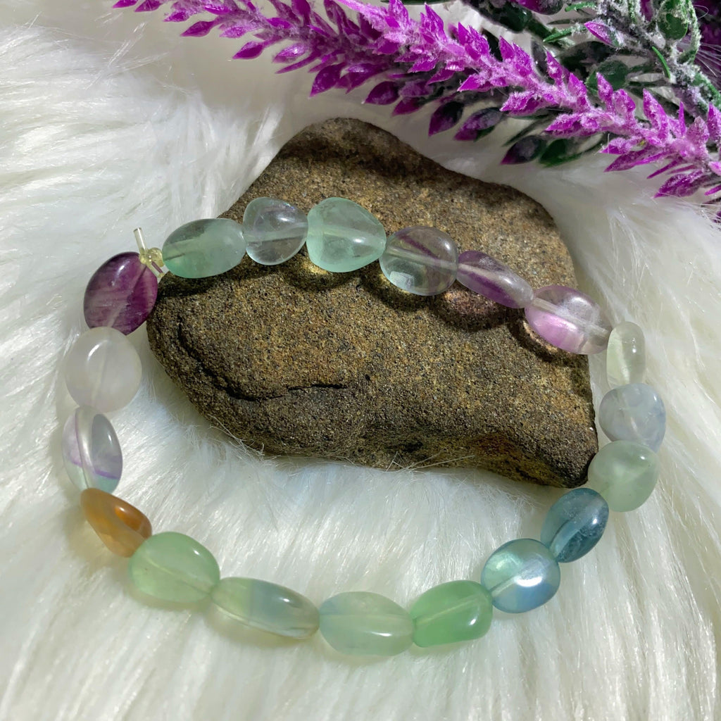 Reserved For Sandy Rainbow Fluorite Bracelet on Stretchy Cord (Handmade By our 10 Year Old Daughter) - Earth Family Crystals