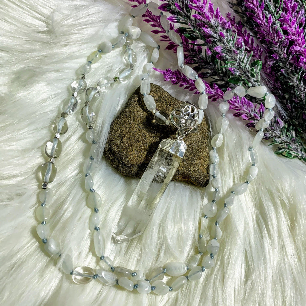 Reserved for Gina Beaded Rainbow Moonstone & Quartz Long Necklace with Clear Quartz Point - Earth Family Crystals