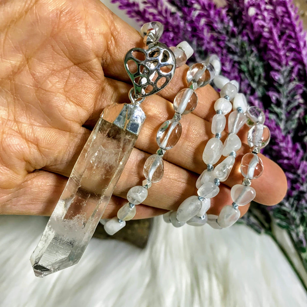 Reserved for Gina Beaded Rainbow Moonstone & Quartz Long Necklace with Clear Quartz Point - Earth Family Crystals