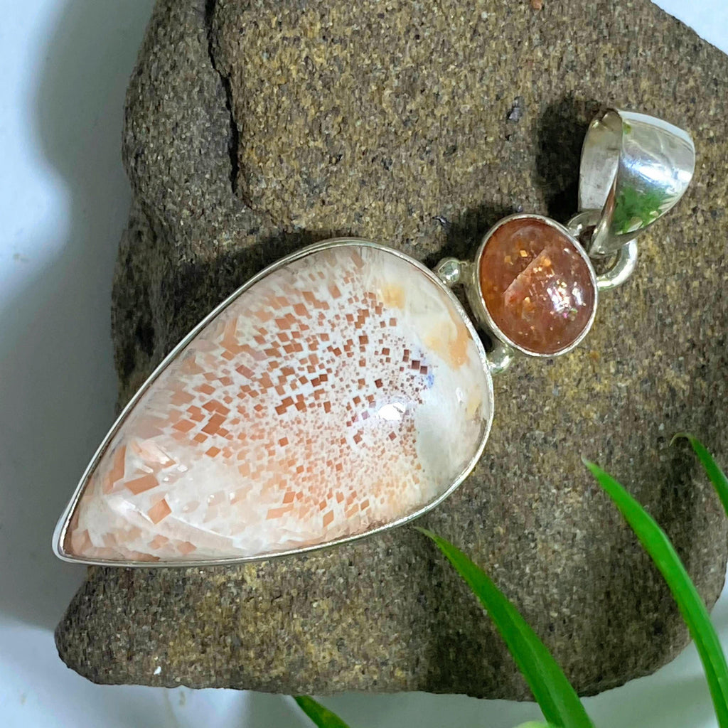 Reserved For Gina~Gemmy Sunstone, Scolecite & Pink Stilbite  Sterling Silver Pendant (Includes Silver Chain) #2 - Earth Family Crystals