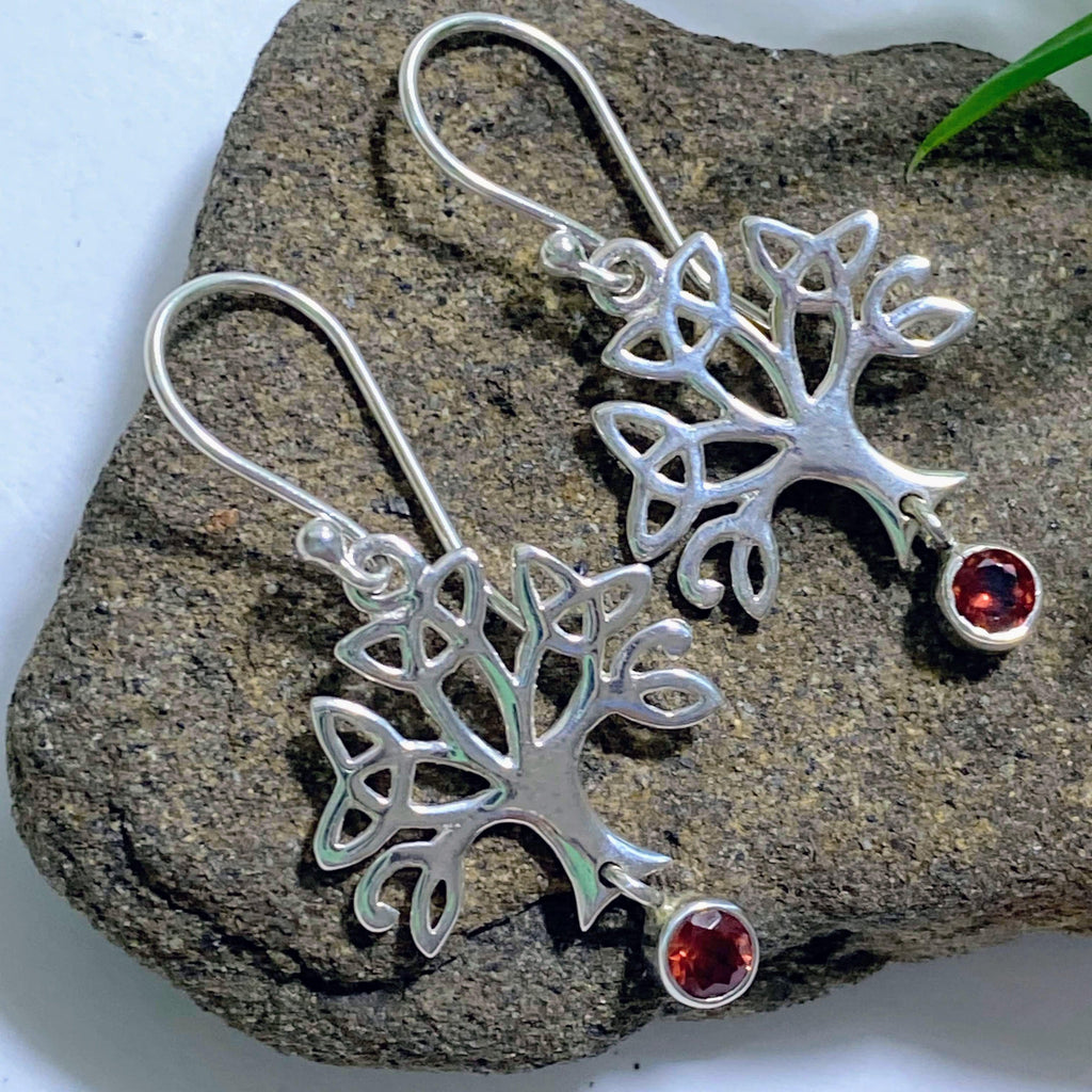 Faceted Red Garnet Tree of Life Sterling Silver Earrings - Earth Family Crystals