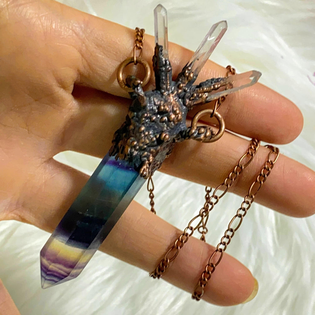 Rainbow Fluorite & Clear Quartz Handmade Antiqued Copper Necklace (24"chain) - Earth Family Crystals