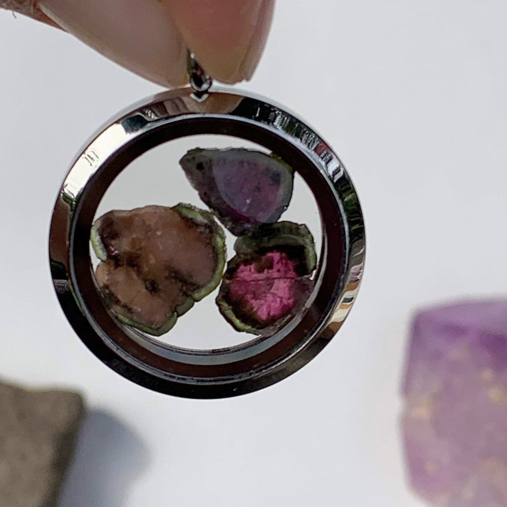 Beautiful Watermelon Tourmaline Floating Gems in Locket Style Stainless Steel Pendant (Includes Silver Chain) #1 - Earth Family Crystals