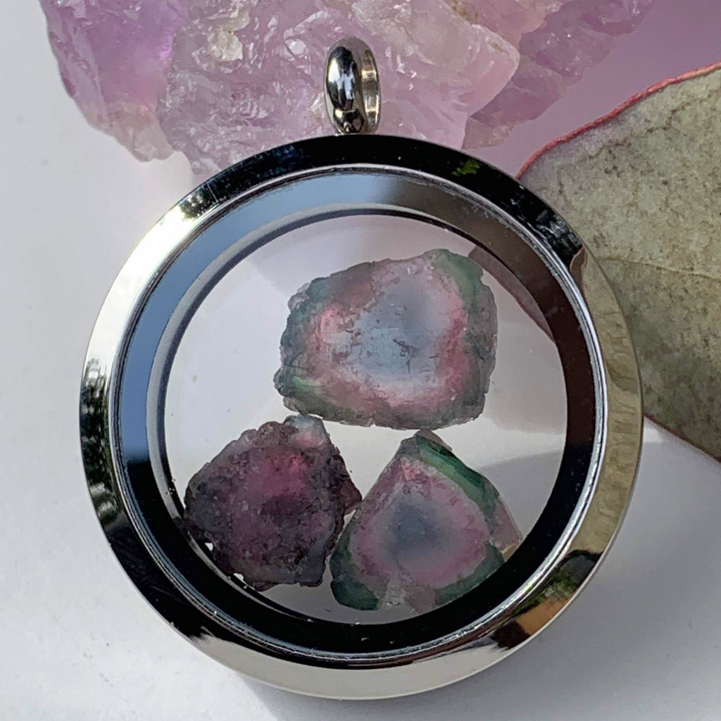 Beautiful Watermelon Tourmaline Floating Gems in Locket Style Stainless Steel Pendant (Includes Silver Chain) #3 - Earth Family Crystals