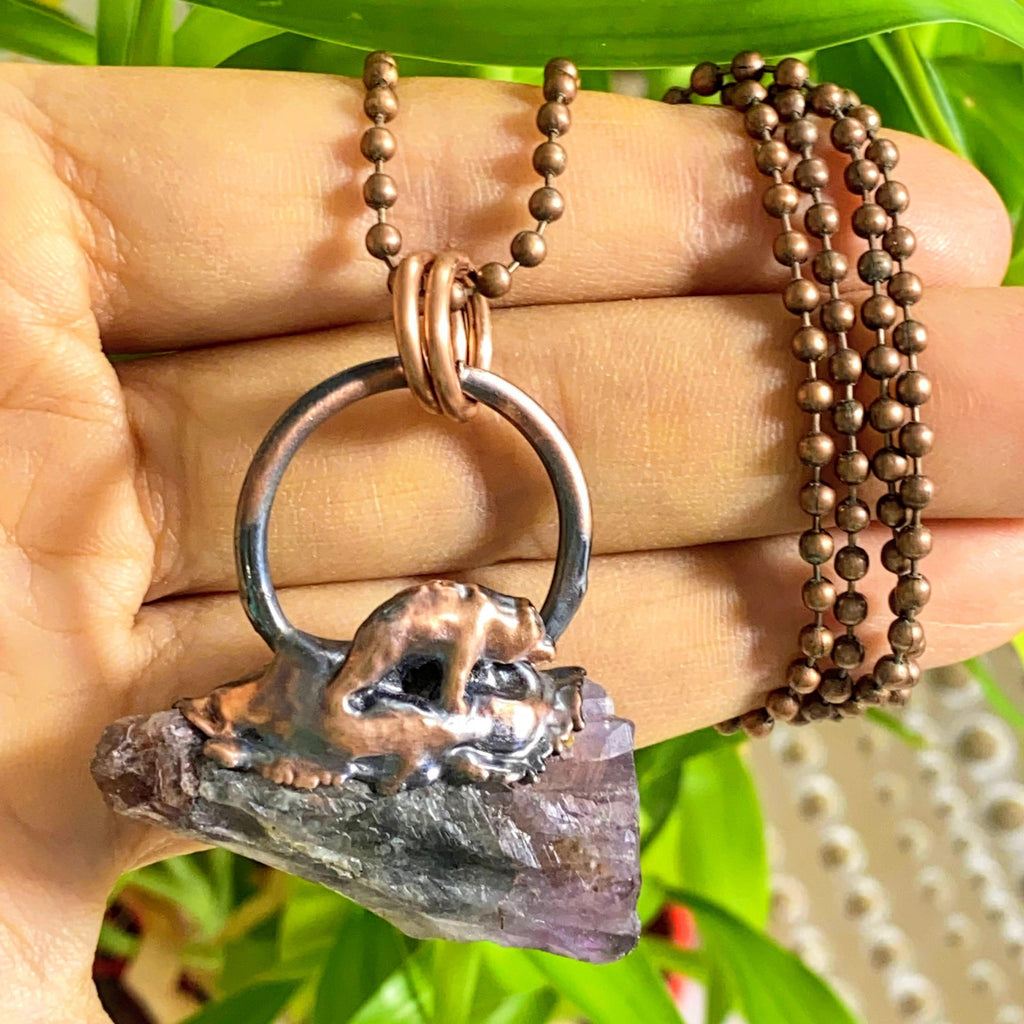 Handmade Natural Super 7 With Bear Totem  Electroformed Copper Necklace (23" Chain) - Earth Family Crystals