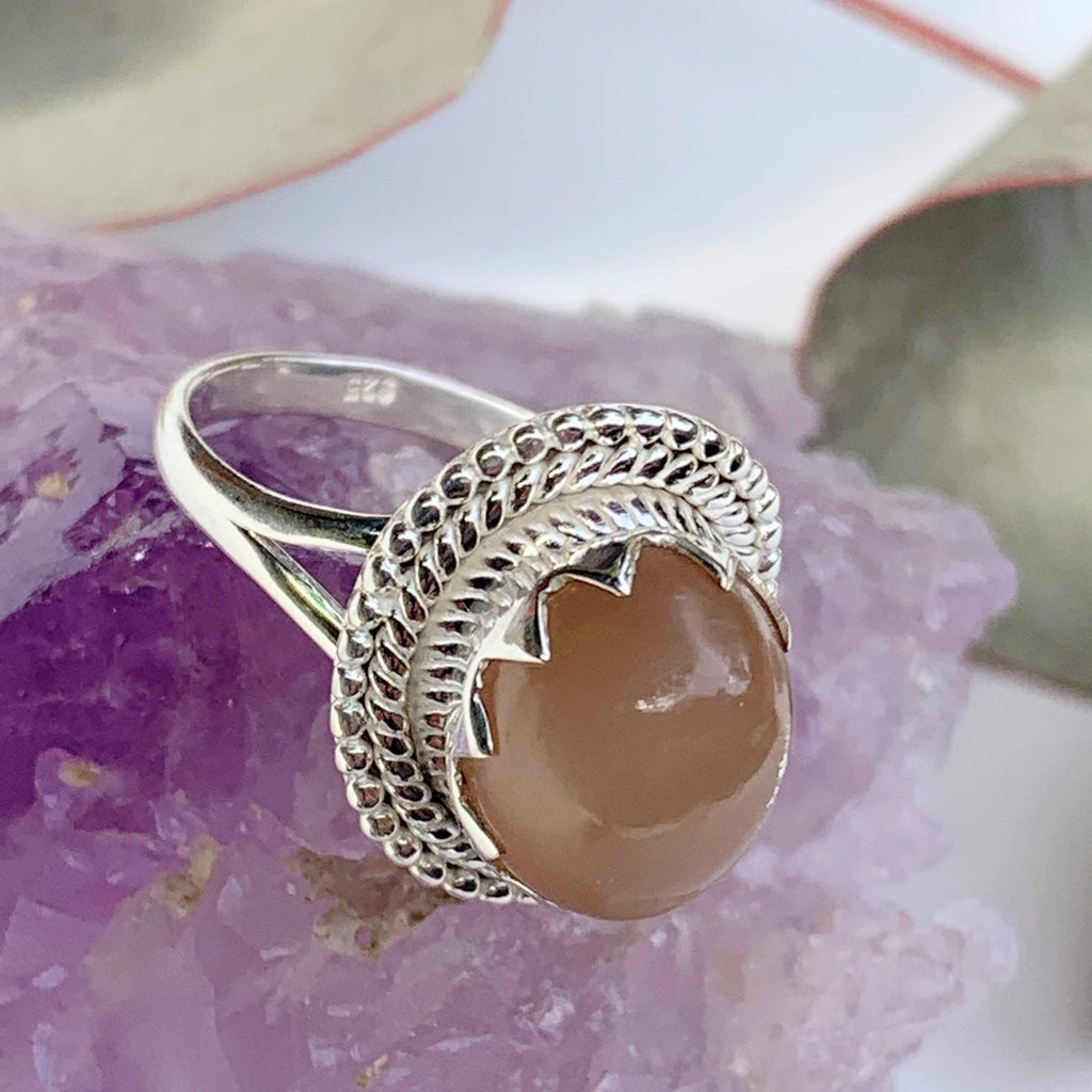 Elegant Creamy Peach Moonstone Gemstone Ring in Sterling Silver (Size 7) - Earth Family Crystals