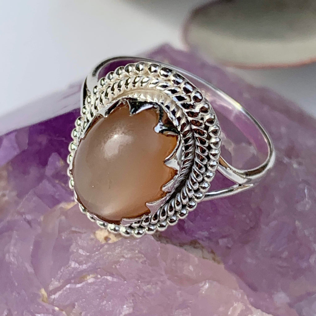 Elegant Creamy Peach Moonstone Gemstone Ring in Sterling Silver (Size 9) - Earth Family Crystals
