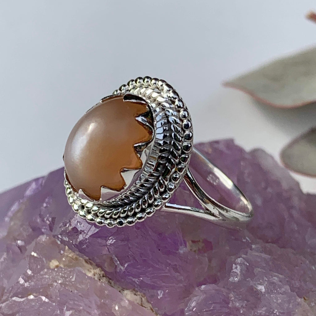 Elegant Creamy Peach Moonstone Gemstone Ring in Sterling Silver (Size 10) - Earth Family Crystals