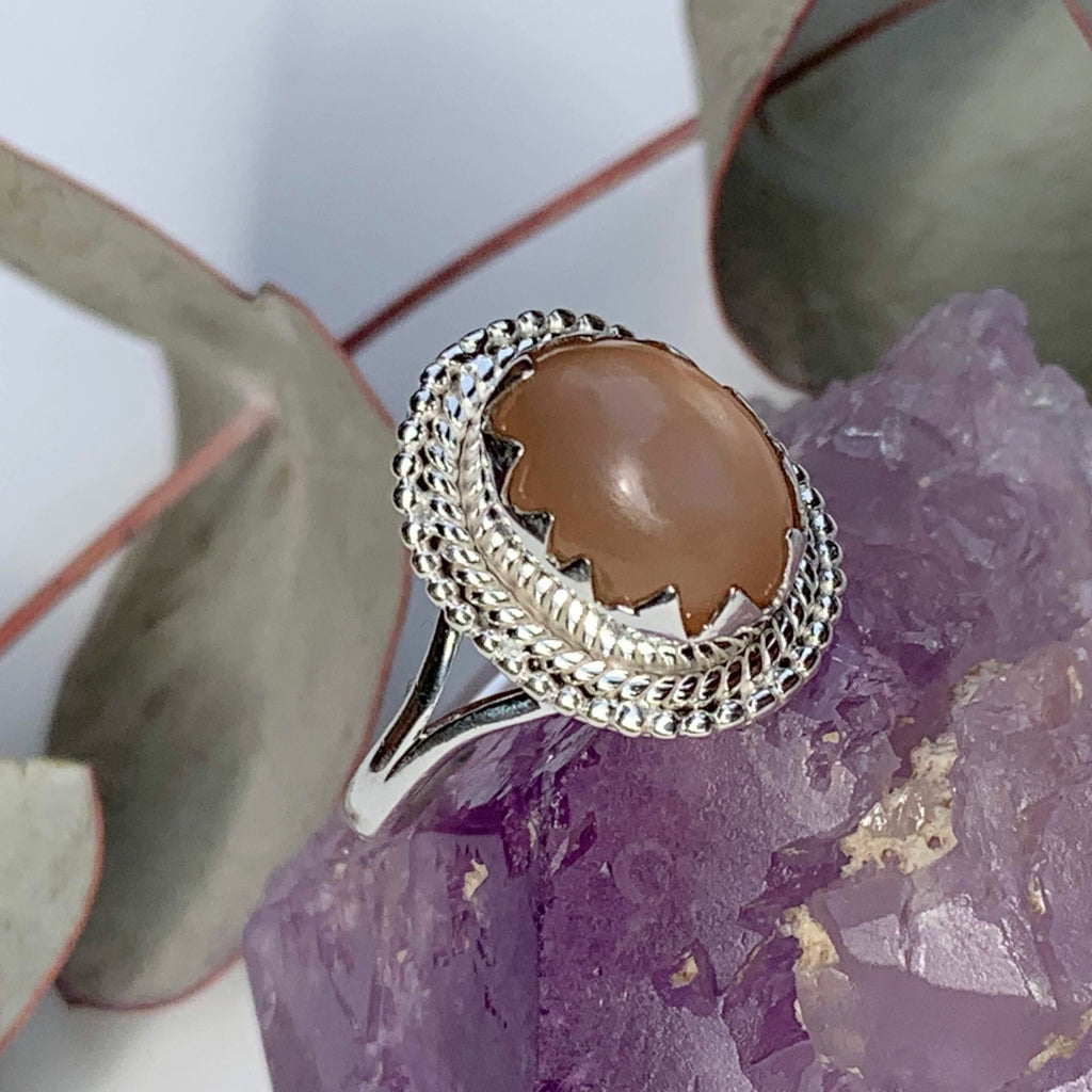 Elegant Creamy Peach Moonstone Gemstone Ring in Sterling Silver (Size 9) - Earth Family Crystals