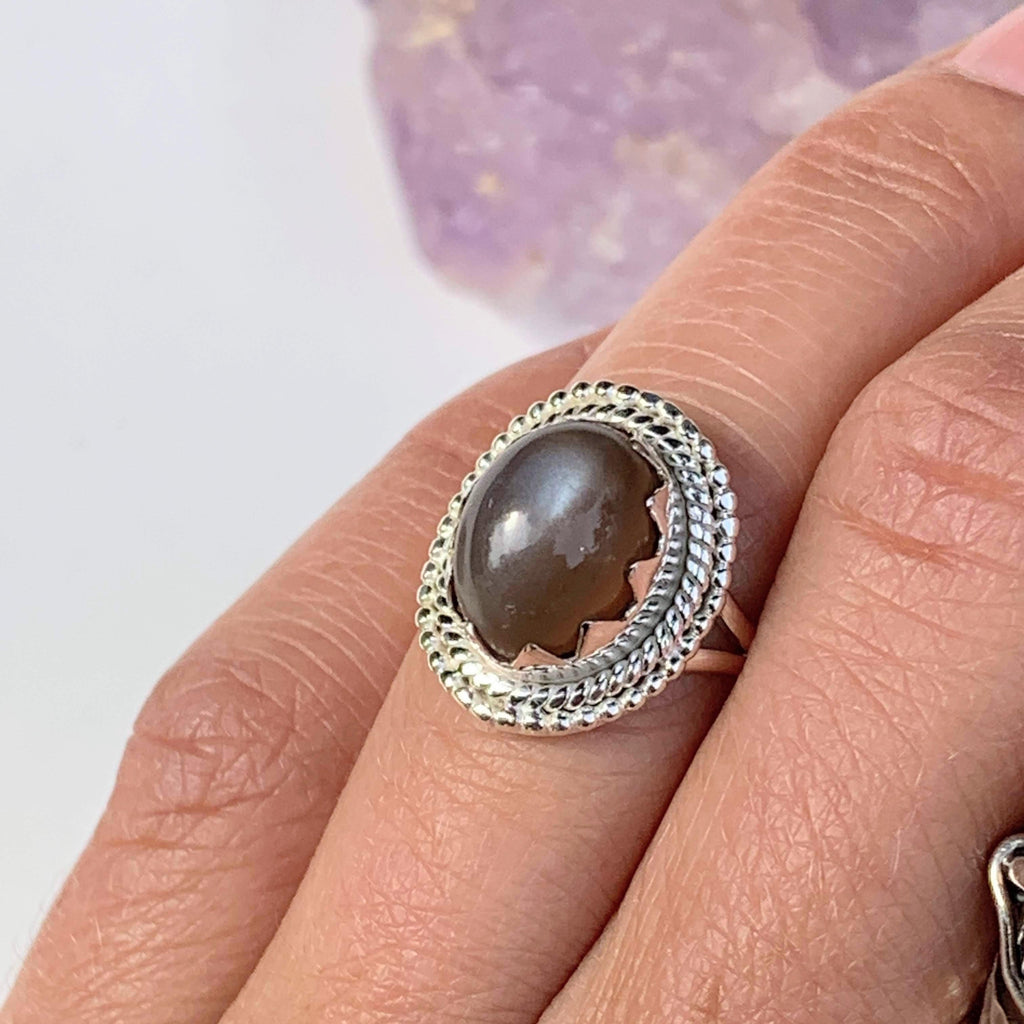 Flashy Grey & Peach Moonstone Gemstone Ring in Sterling Silver (Size 6) - Earth Family Crystals