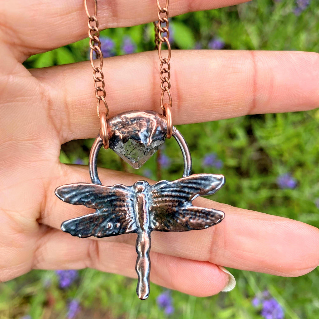 Reserved for Lori~Herkimer Diamond Dragonfly Handmade Copper Necklace (23 inch chain) - Earth Family Crystals