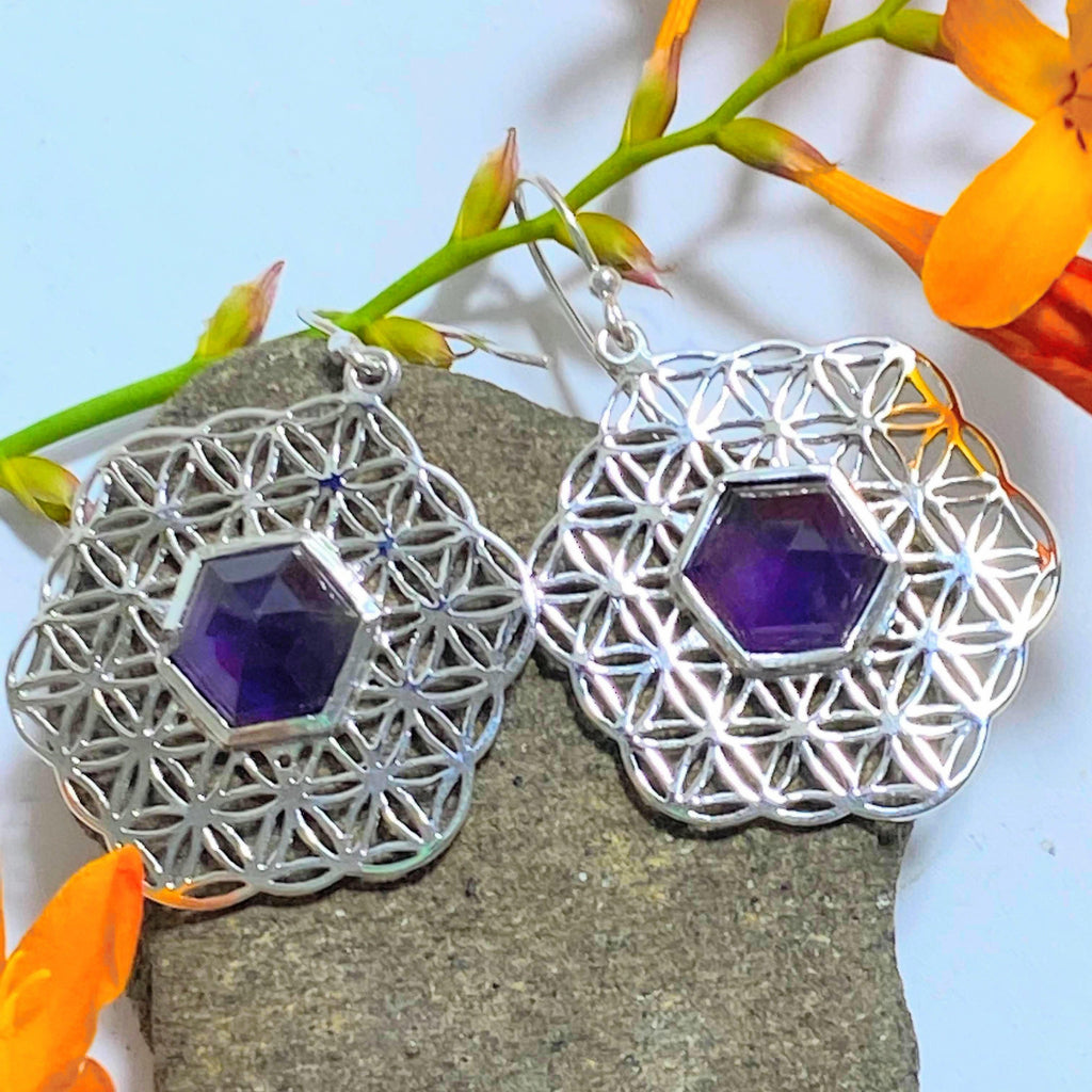 Beautiful Sacred Geometry Mandala Faceted Amethyst  Sterling Silver Earrings - Earth Family Crystals