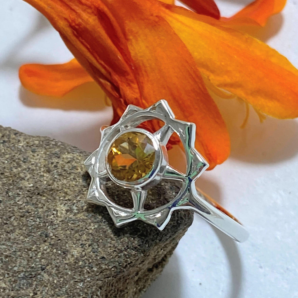 Reserved for Sandy S Faceted Citrine Solar Plexus Symbol Ring in Sterling Silver (Size 7) - Earth Family Crystals
