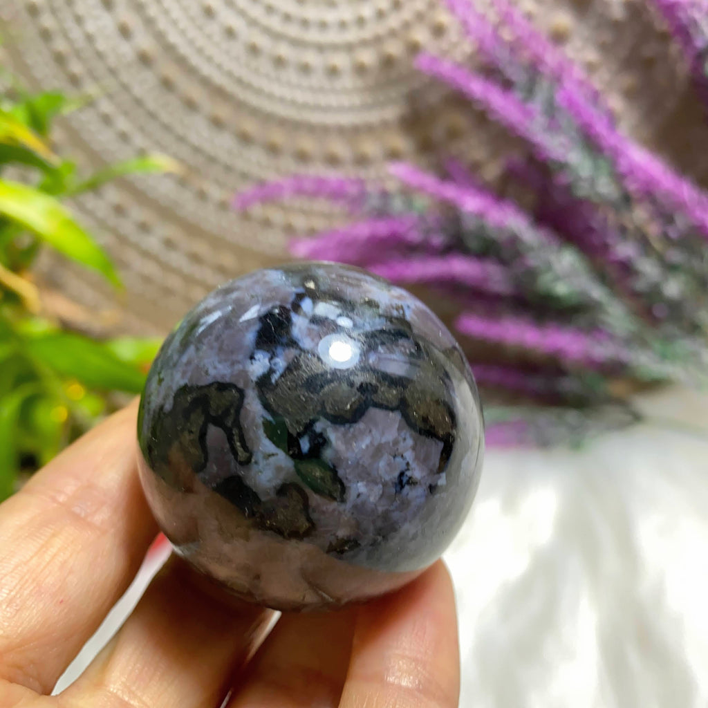 Indigo Gabbro (Mystic Merlinite) Sphere Carving (Includes Wood Stand) - Earth Family Crystals