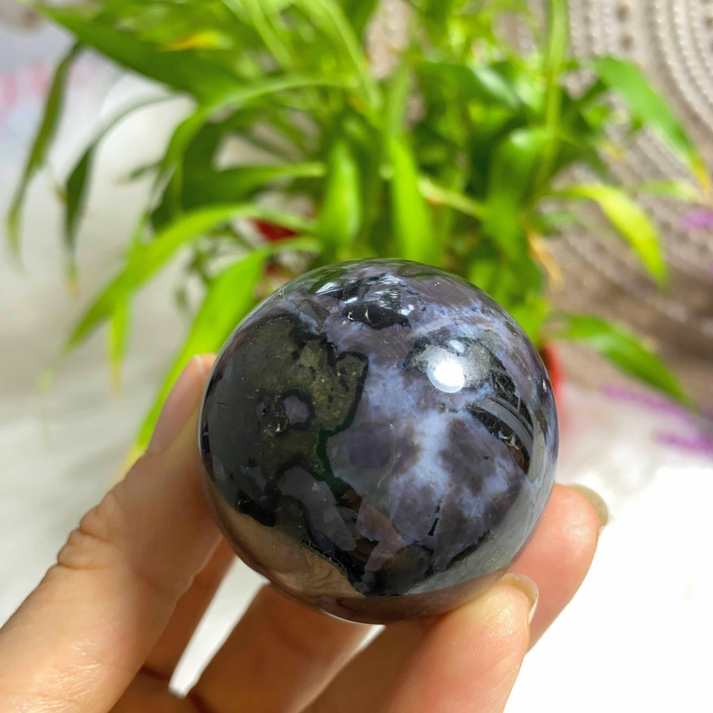 Indigo Gabbro (Mystic Merlinite) Sphere Carving (Includes Wood Stand) - Earth Family Crystals