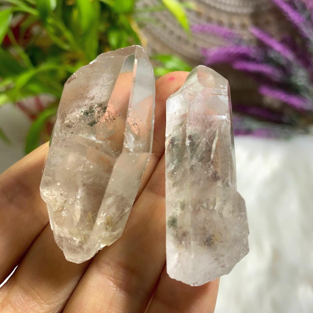 Set of 2 Green Chlorite Phantom Quartz Points from Brazil - Earth Family Crystals