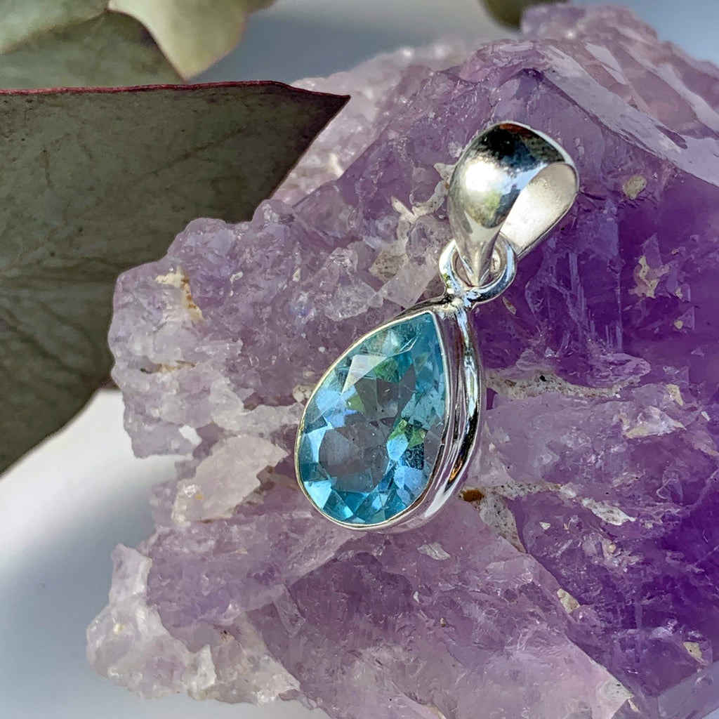 Delightful Brilliant~Faceted Blue Topaz Dainty Pendant in Sterling Silver (Includes Silver Chain) #1 - Earth Family Crystals