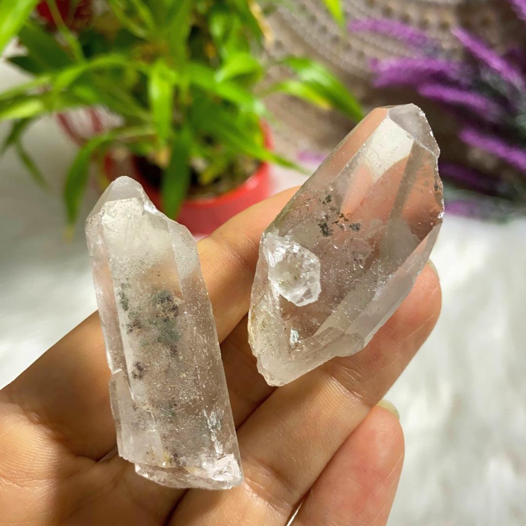 Set of 2 Green Chlorite Phantom Quartz Points from Brazil - Earth Family Crystals