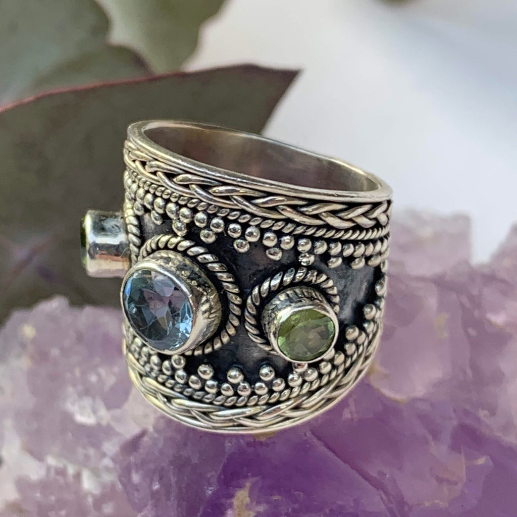 Chunky Faceted Blue Topaz & Peridot Ring in Sterling Silver (Size: 5.5) - Earth Family Crystals