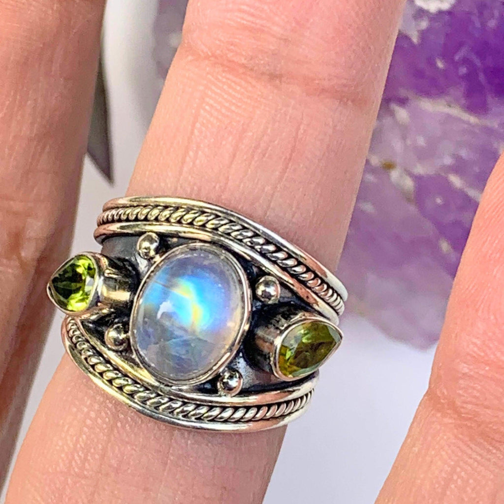 Pretty Rainbow Moonstone & Faceted Peridot Ring in Sterling Silver (Size: 6) - Earth Family Crystals