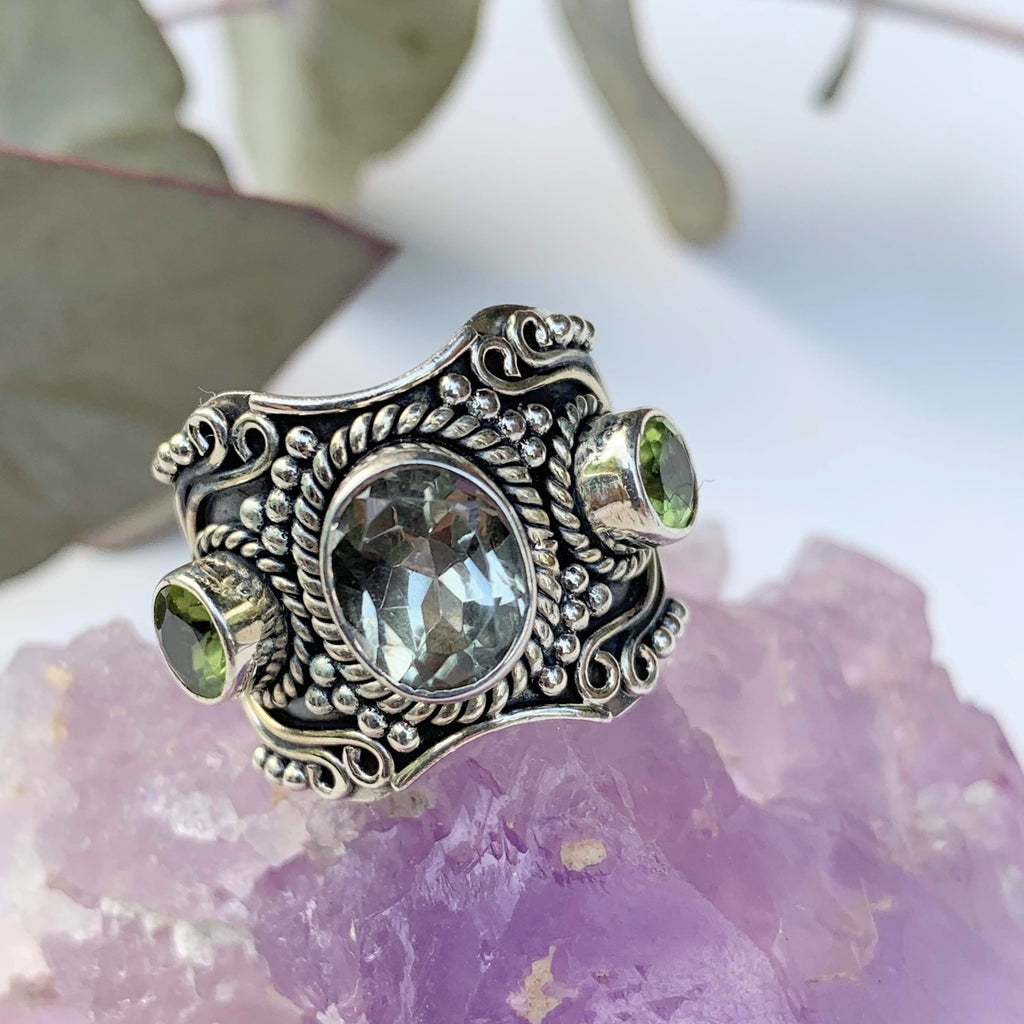 Antique Style Faceted Blue Topaz & Peridot Ring in Sterling Silver (Size: 6) - Earth Family Crystals