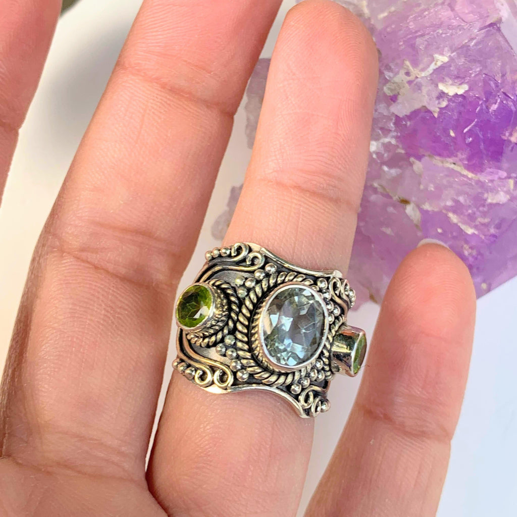 Antique Style Faceted Blue Topaz & Peridot Ring in Sterling Silver (Size: 6) - Earth Family Crystals