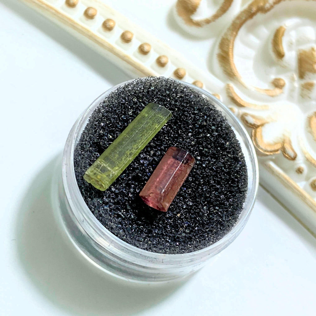 3CT Pink & Green Tourmaline Points in Collectors Box~ Locality: Oceanside Mine, California - Earth Family Crystals