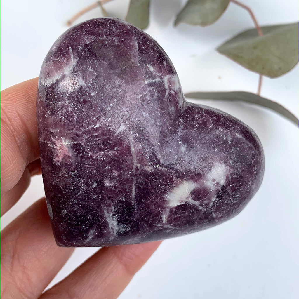 Shimmering Lilac Lepidolite With Pink Tourmaline Inclusion Heart Carving From Brazil #3 - Earth Family Crystals