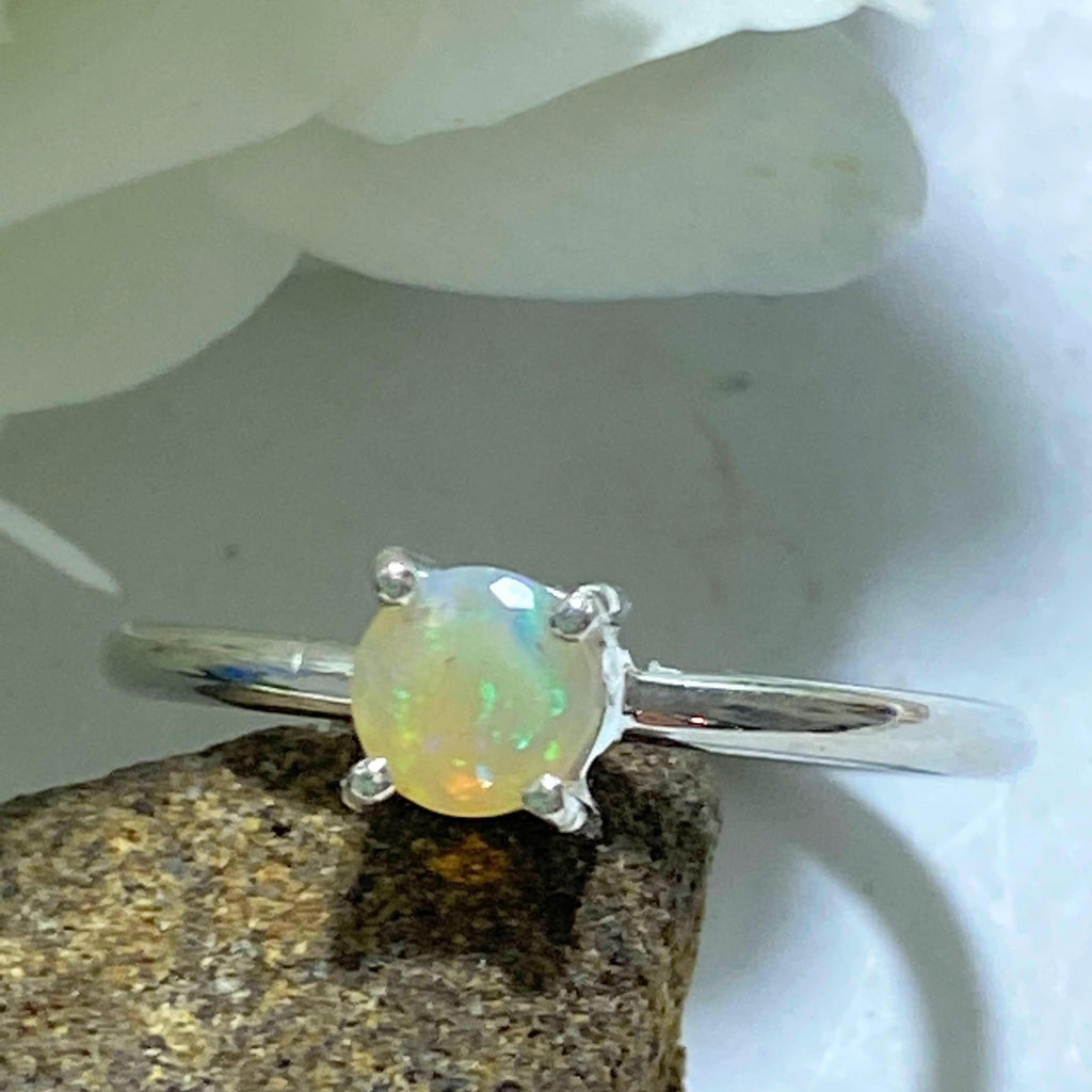 Faceted Ethiopian Opal Dainty Sterling Silver Ring (Size 7) - Earth Family Crystals