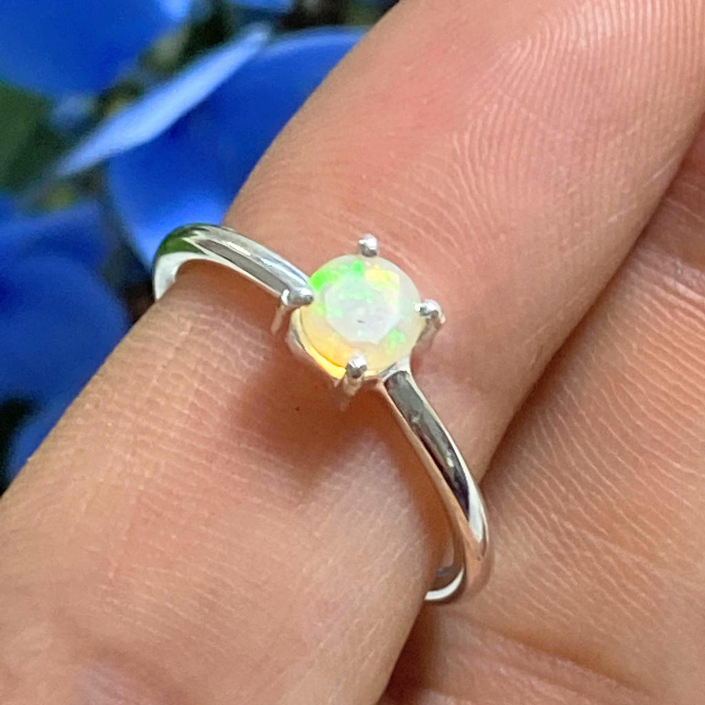 Faceted Ethiopian Opal Dainty Sterling Silver Ring (Size 7) - Earth Family Crystals