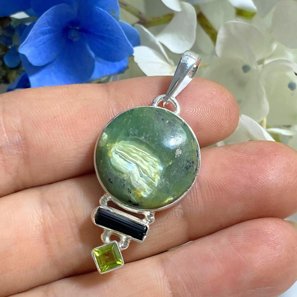 Incredible Quality Jade, Black Tourmaline & Faceted Peridot Pendant in Sterling Silver (Includes Silver Chain) - Earth Family Crystals