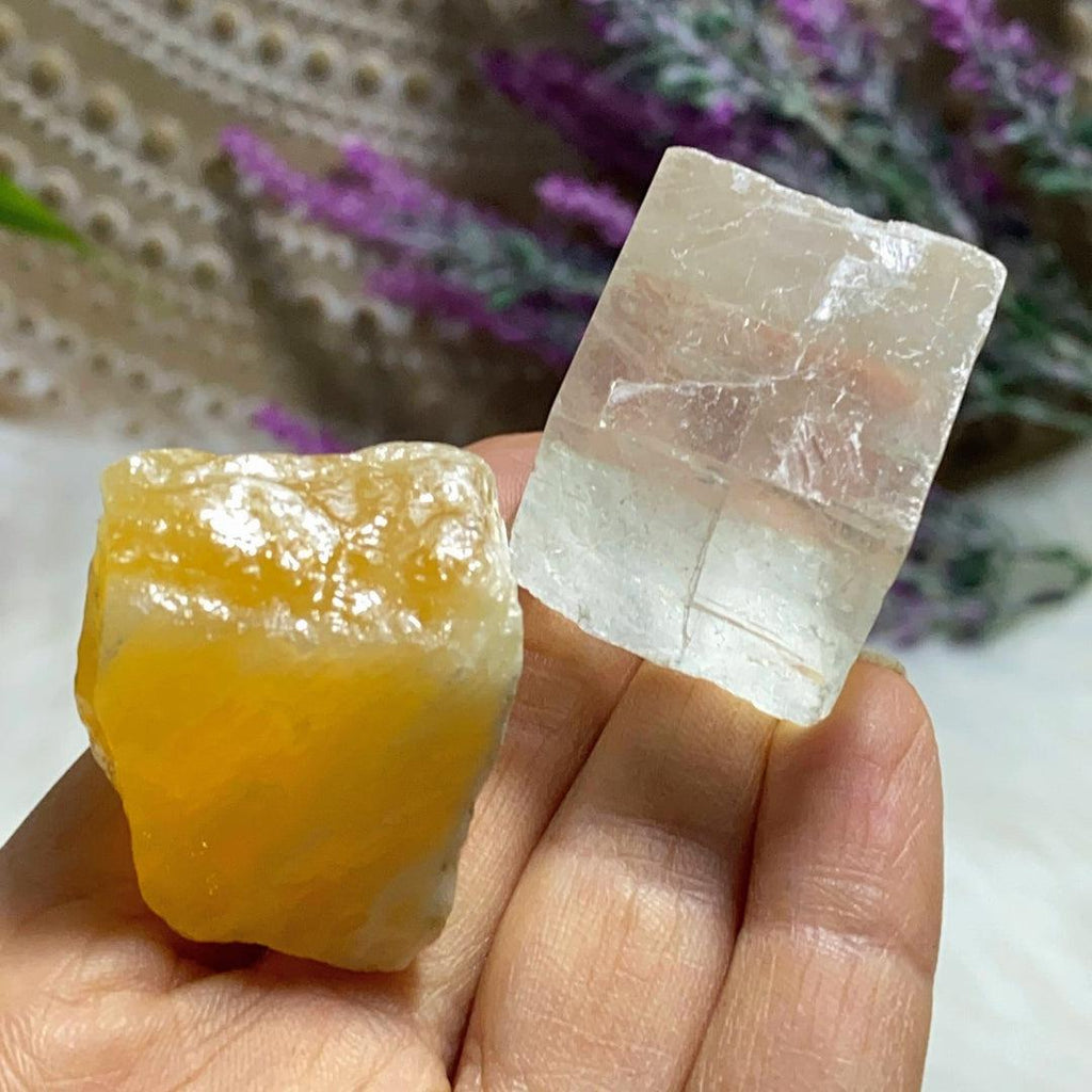 Set of 2 Calcites ~Orange Calcite & Optical Calcite Hand Held Crystals From Mexico - Earth Family Crystals
