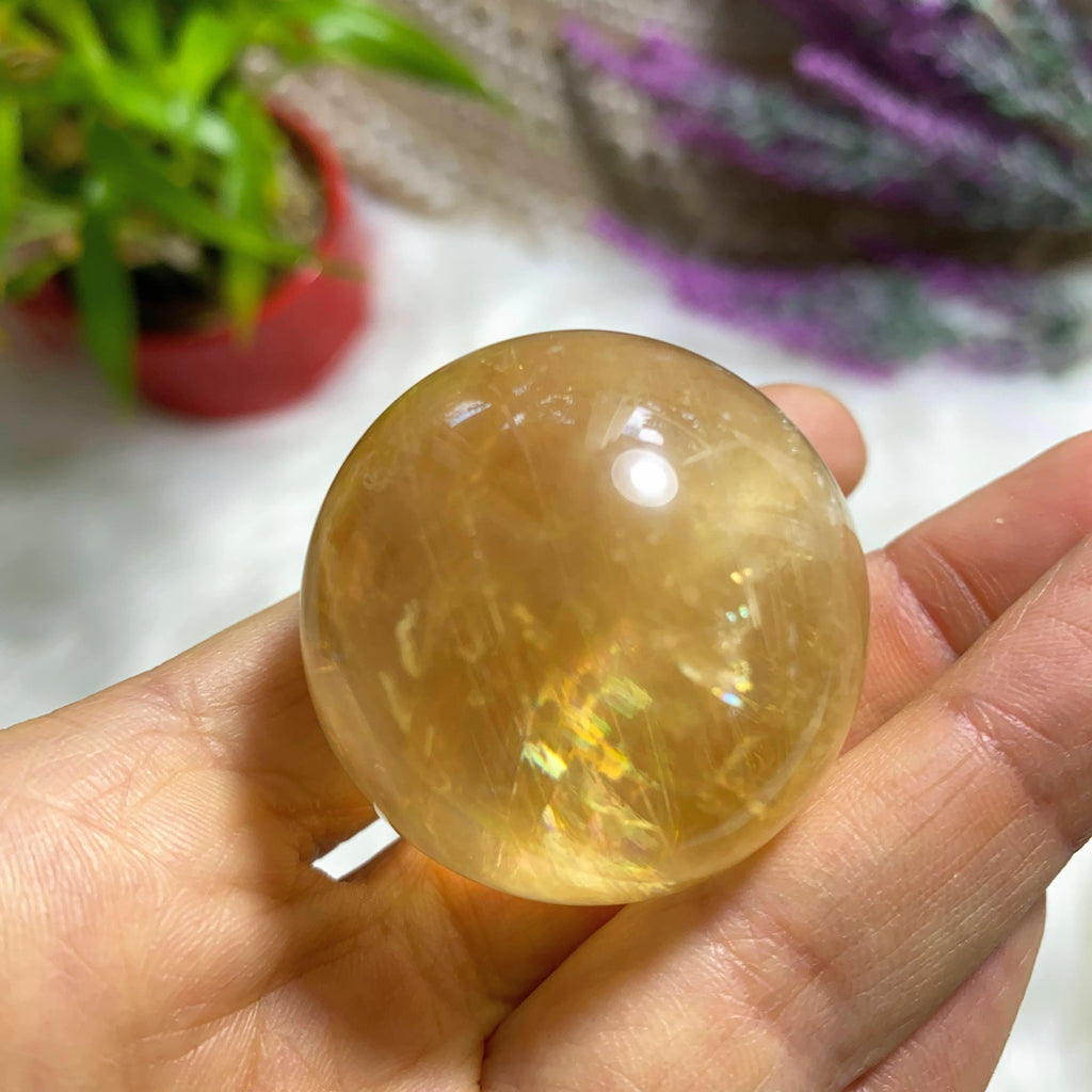 Rainbow Loaded Golden Calcite Sphere Carving ~Includes Wood Stand - Earth Family Crystals