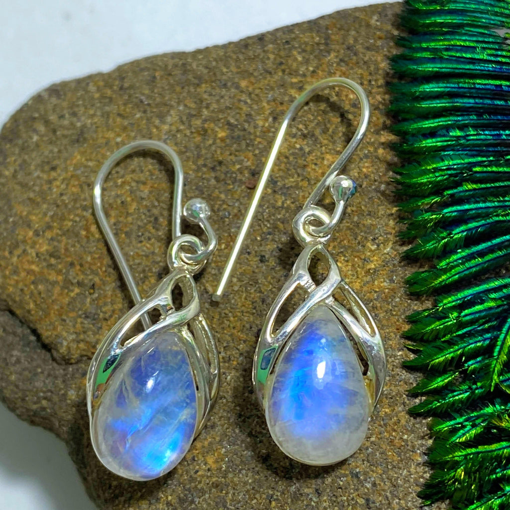 Precious Rainbow Moonstone Earrings in Sterling Silver #2 - Earth Family Crystals