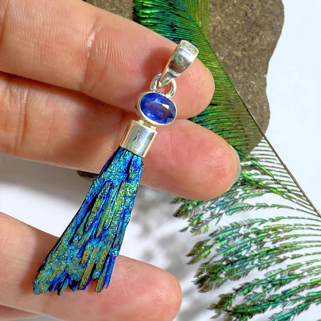Peacock Titanium Kyanite & Faceted Blue Kyanite Sterling Silver Pendant (Includes Silver Chain) - Earth Family Crystals