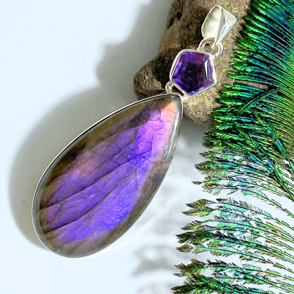 Incredible Rare Purple Labradorite & Faceted Amethyst Large Sterling Silver Pendant (Includes Silver Chain) - Earth Family Crystals