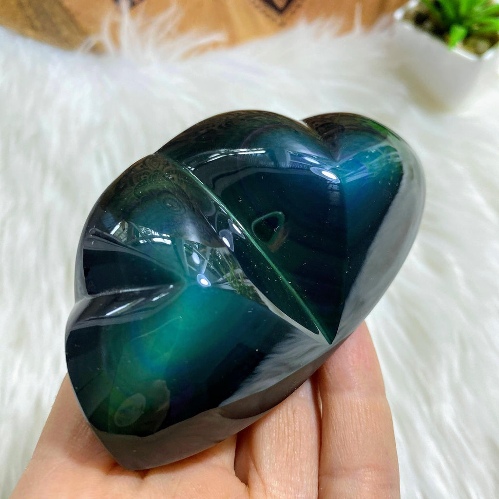 Pretty Double Heart Rainbow Obsidian Carving From Mexico - Earth Family Crystals