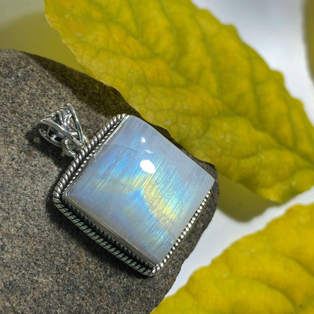 Glowing Beauty! Rainbow Moonstone Sterling Silver Pendant (Includes Silver Chain) #1 - Earth Family Crystals