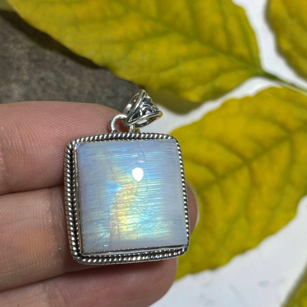 Glowing Beauty! Rainbow Moonstone Sterling Silver Pendant (Includes Silver Chain) #1 - Earth Family Crystals