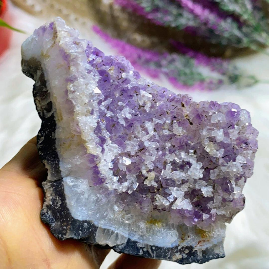 Beautiful Lavender Purple Amethyst Cluster with Calcite Frosting from Ontario, Canada - Earth Family Crystals