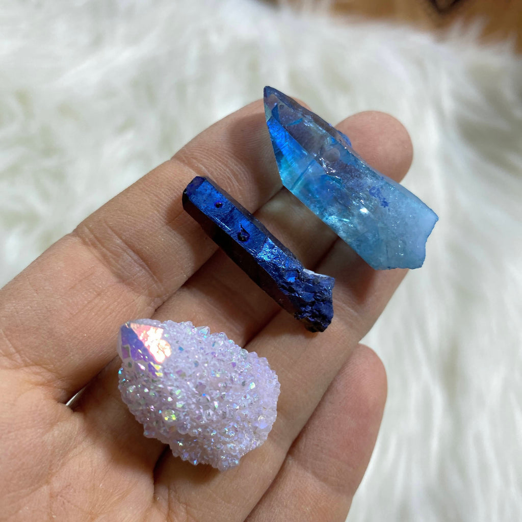 Set of 3~Angel Aura Spirit Quartz, Aqua Aura & Titanium Quartz Point - Earth Family Crystals
