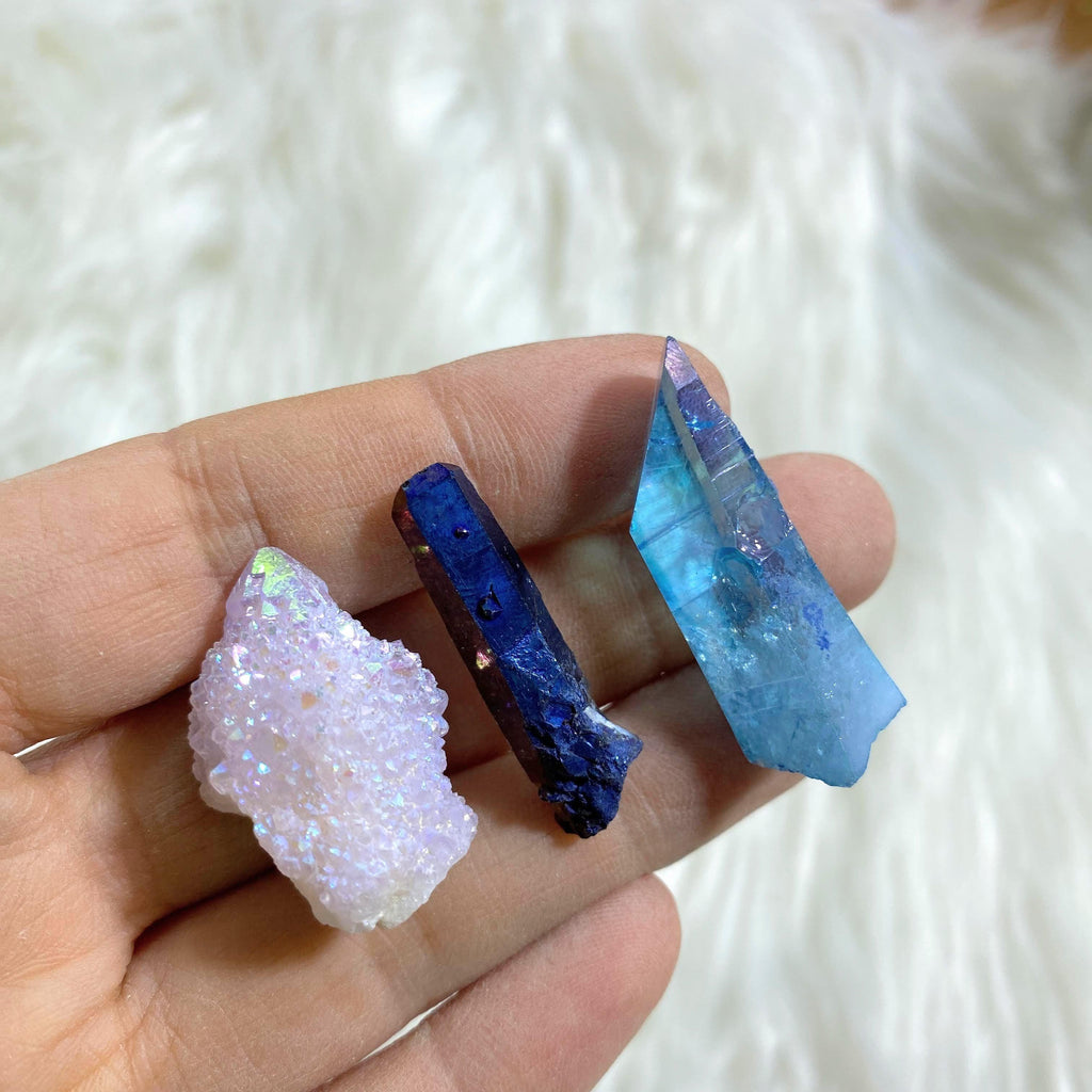 Set of 3~Angel Aura Spirit Quartz, Aqua Aura & Titanium Quartz Point - Earth Family Crystals