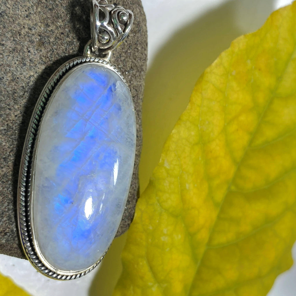 Glowing Blue Rainbow Moonstone Sterling Silver Pendant (Includes Silver Chain) #5 - Earth Family Crystals