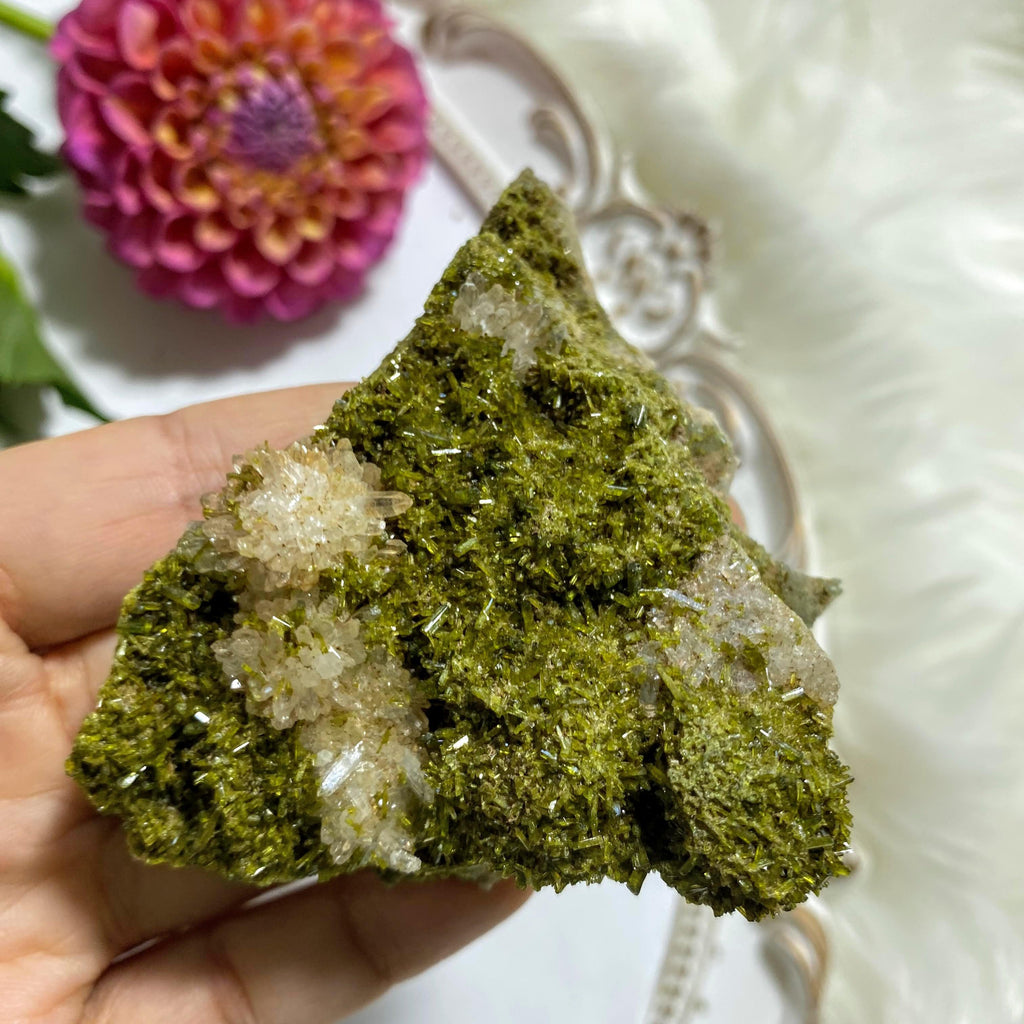 Gorgeous Large Epidote & Blooming Flower Clear Quartz Clusters Natural Specimen - Earth Family Crystals