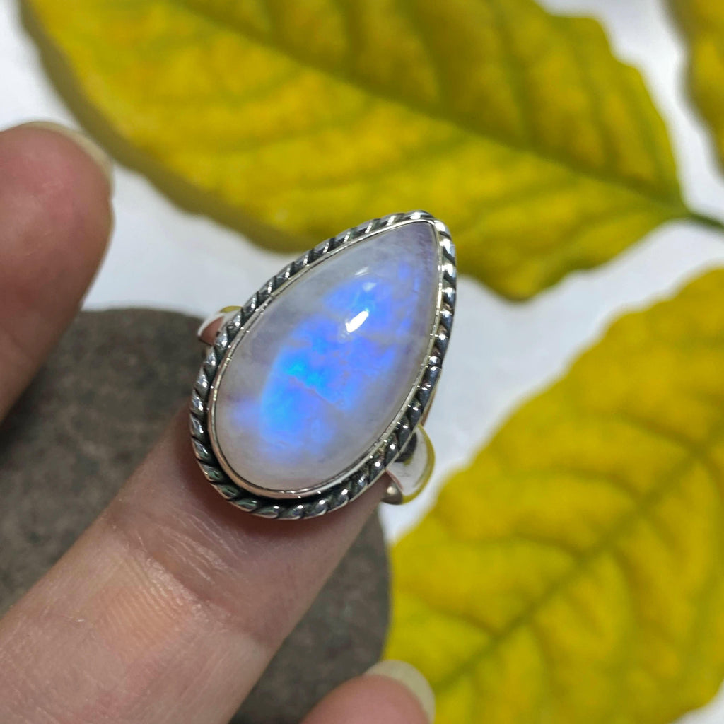 Fabulous Teardrop Rainbow Moonstone Sterling Silver Ring (Size 6.5) - Earth Family Crystals