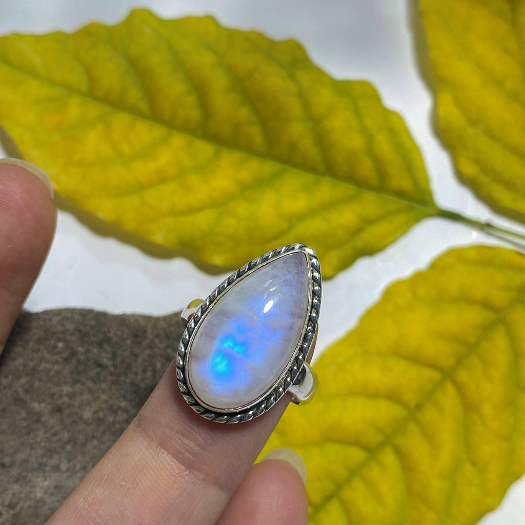 Fabulous Teardrop Rainbow Moonstone Sterling Silver Ring (Size 6.5) - Earth Family Crystals