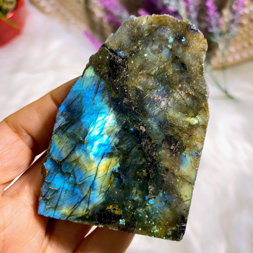 Beautiful  Labradorite Partially Polished Standing Display Specimen - Earth Family Crystals